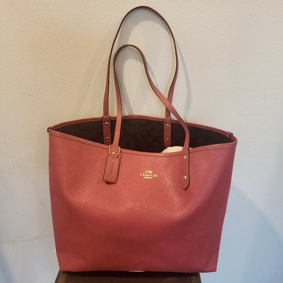 Coach Reversible City Tote Pink Brown Canvas PVC With Coach Signature Style - Picture 1 of 13